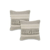 LR Home Ox Bay Beige Striped All-Natural Cotton Square 2 Piece Pillow Cover Set