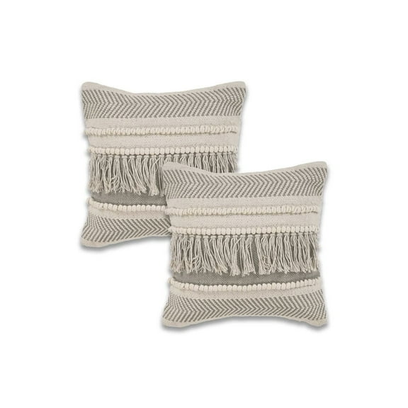 LR Home Ox Bay Beige Striped All-Natural Cotton Square 2 Piece Pillow Cover Set