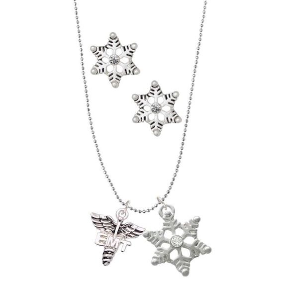 Delight Jewelry Silvertone EMT Caduceus - Silver tone Snowflake Charm Necklace and Stud Earrings