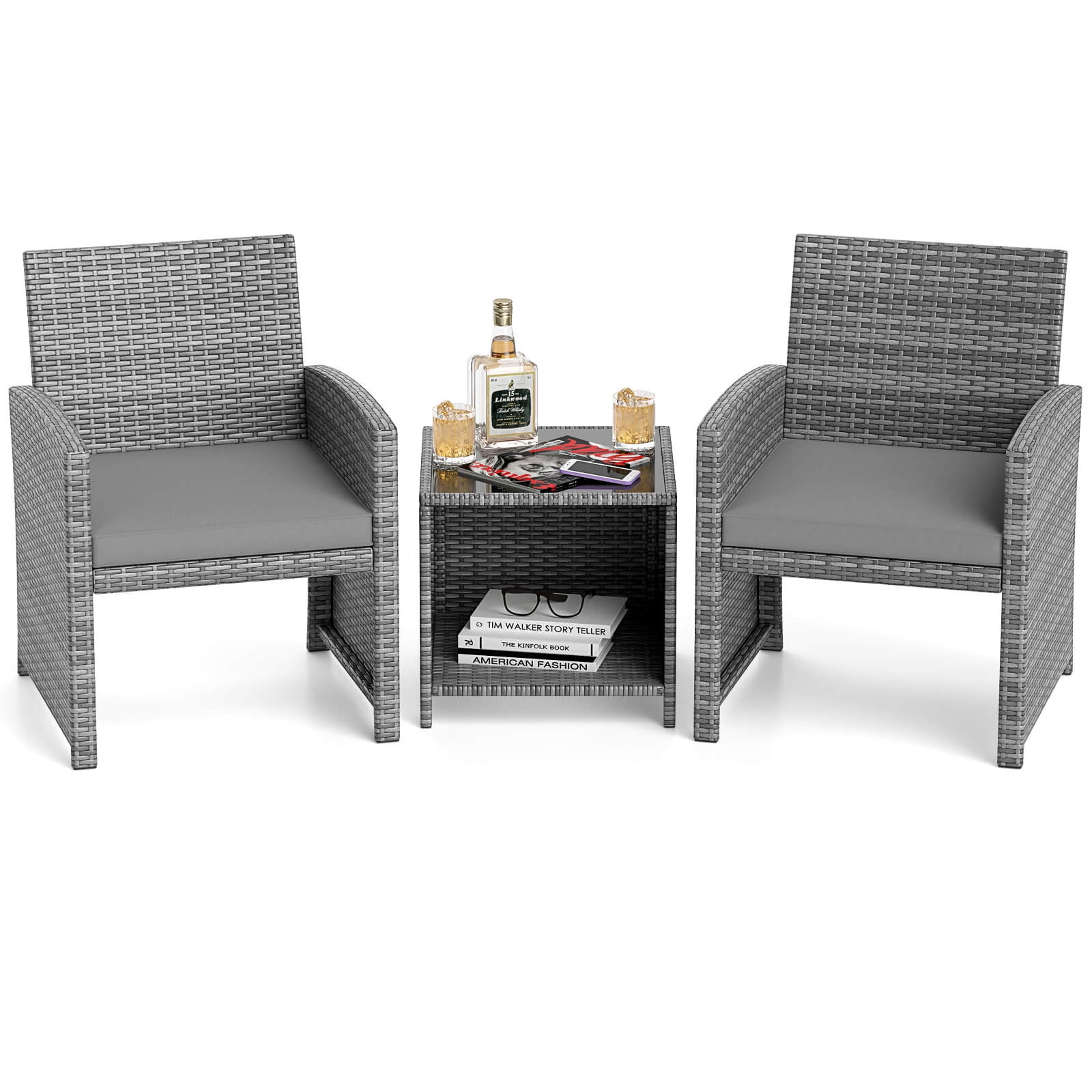 Costway 3 PCS Patio Furniture Set with Tempered Glass Coffee Table & Soft Seat Cushions Gray