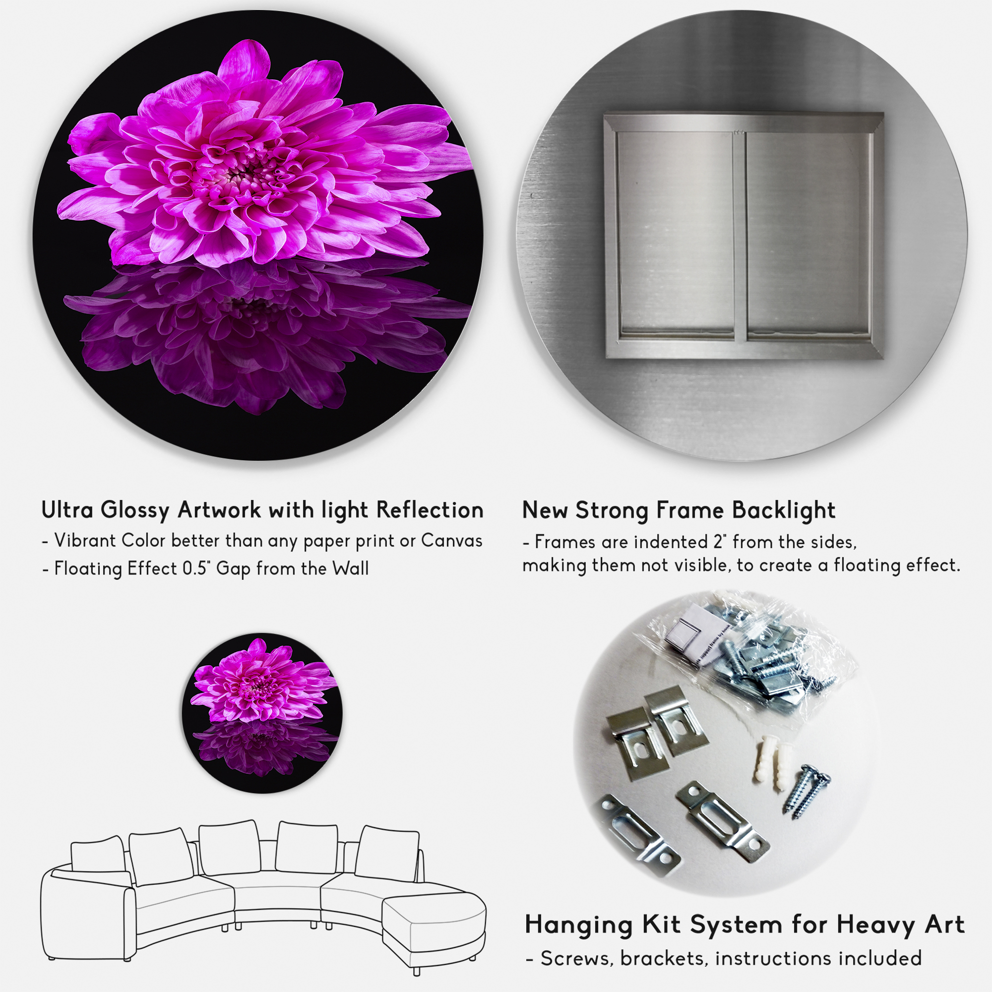 Designart 'Single Purple Chrysanthemum Flower On Black Reflection' Traditional Circle Metal Wall Art 36x36 - Disc of 36