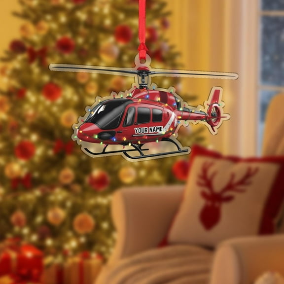 Personalized Helicopter Acrylic Christmas Ornament Custom Pilot Name, Red Aviation Holiday Tree Decor, Flight Enthusiast Commemorative Keepsake
