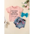thumbnail image 2 of Wassery Baby Girls Summer Romper 3Pcs Set Letters Print Short Sleeve Crew Neck T-shirt+Floral Bull Head Print Shorts+Headband Infant Outfits 0-12M, 2 of 9