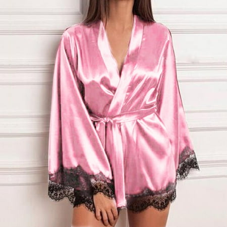 WOCLEILIY Women Satin Nightdress Silk Lace Lingerie Nightgown Sleepwear Sexy Robe EAN13