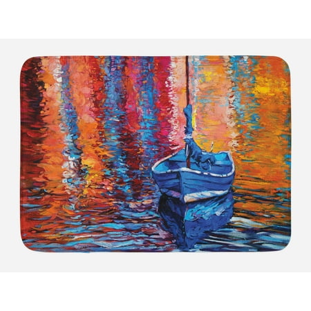 Country Bath Mat, Pastel Color Paint of Fishing Sail Boat in the Sea Dark Fairy Image Dramatic Art Work, Non-Slip Plush Mat Bathroom Kitchen Laundry Room Decor, 29.5 X 17.5 Inches, Multi,