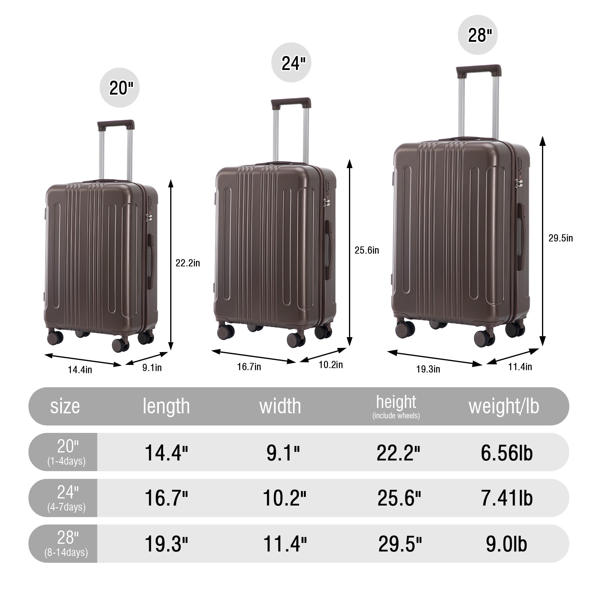 20"/24"/28" 3 pcs/set in ABS Spinner Wheel Luggage, Carry on Suitcase