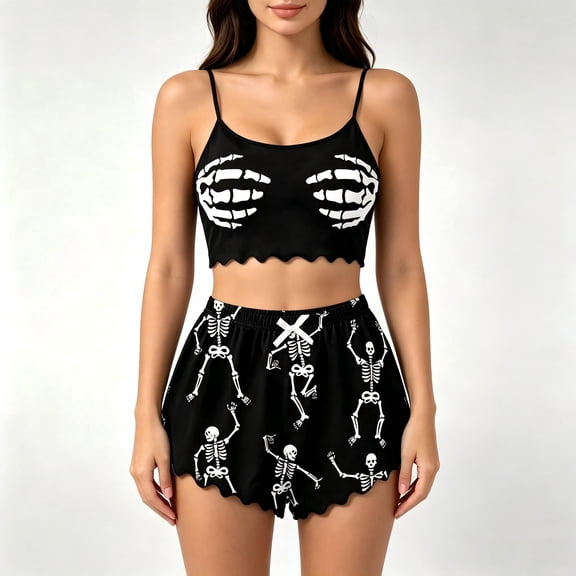 MEZZALL Women Skeleton Print Cami Shorts Pajama Sets, Spaghetti Strap Crop Tank Tops With Bottoms, Halloween Graphic 2 Piece O-Neck Loungewear Sleepwear