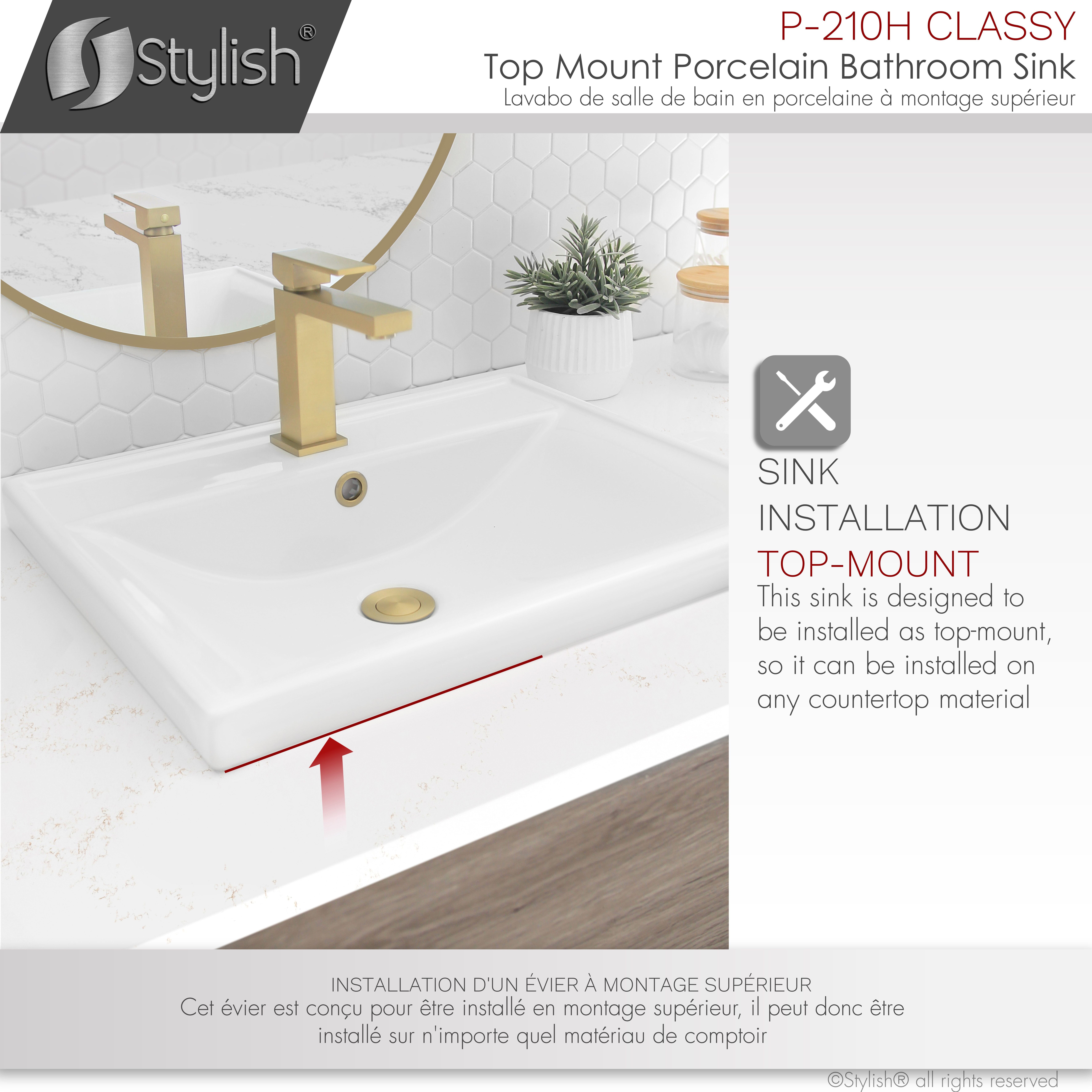 Stylish 20 ¼" White Porcelain Top Mount Rectangular Bathroom Sink with 2 Overflow Rings P-210H