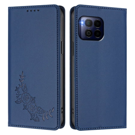 PU Leather Wallet Case for T-Mobile Revvl 7 Pro Strong Magnetic Flip Folio Cover RFID Blocking 2 Card Slots Kickstand Embossed Floral Pattern Phone Protective Shell.Deep Blue