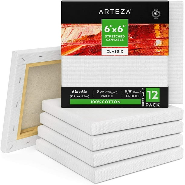 Arteza Stretched Canvas, Classic, White, 6"x6", Blank Canvas Boards for