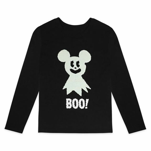 Disney Store Mickey Mouse Halloween Ghost Long Sleeve Reversible Sequin Kids T Shirt Size 7/8