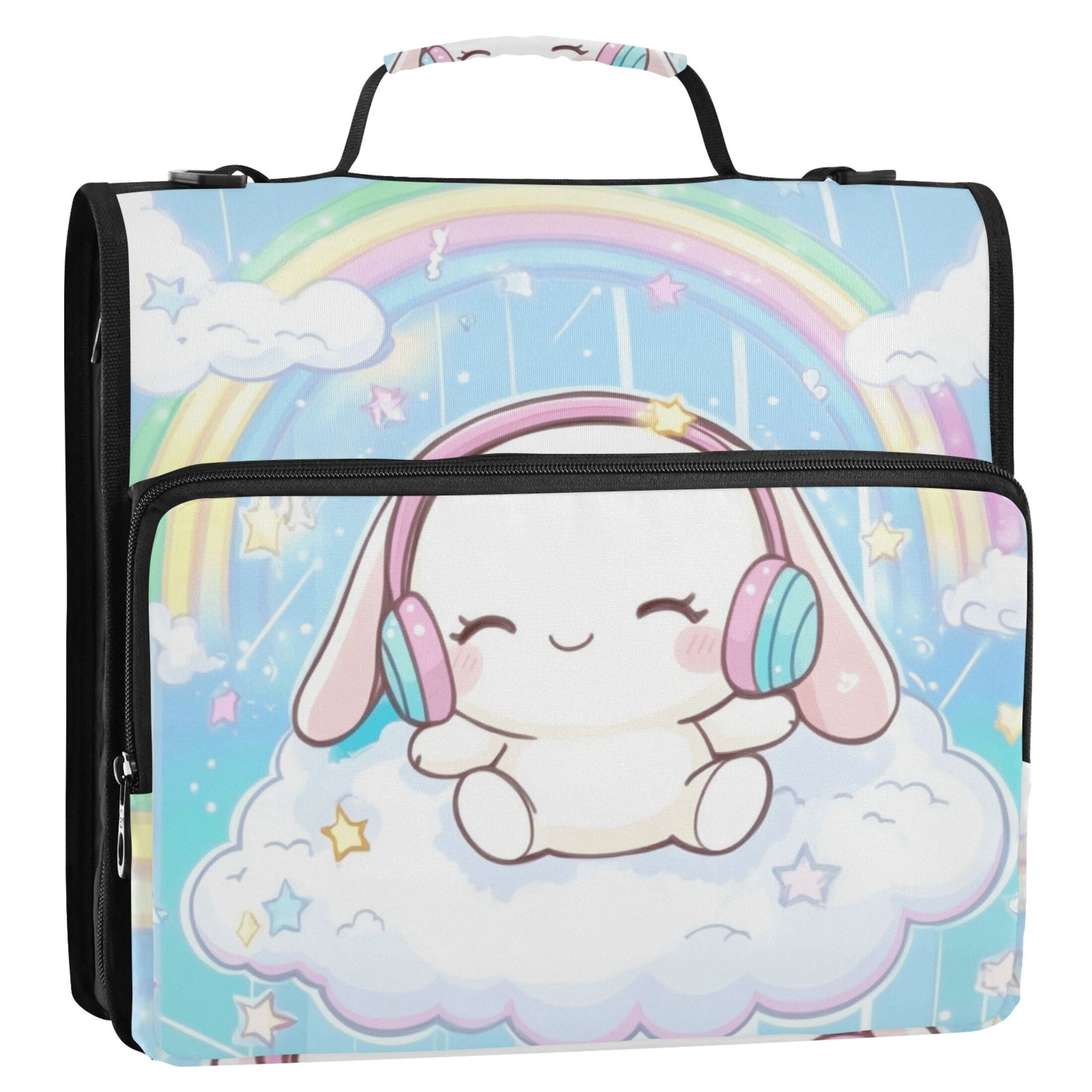 3 Ring Zipper Binder with Shoulder Strap Waterproof Trapper Keeper 2 Inch D-Ring 500 Sheets Capacity Cinnamoroll Sit on Cloud Wear Headphone