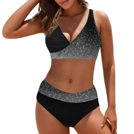 Sngxgn Women Swimsuit Bikini Set High Waisted Halter Tummy Control Print Bathing Suit(Grey L)