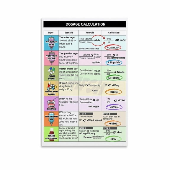 Drug Calculation Formulas Poster Medical Education Wall Art (4) Canvas Painting for Living Room Bedroom Decor