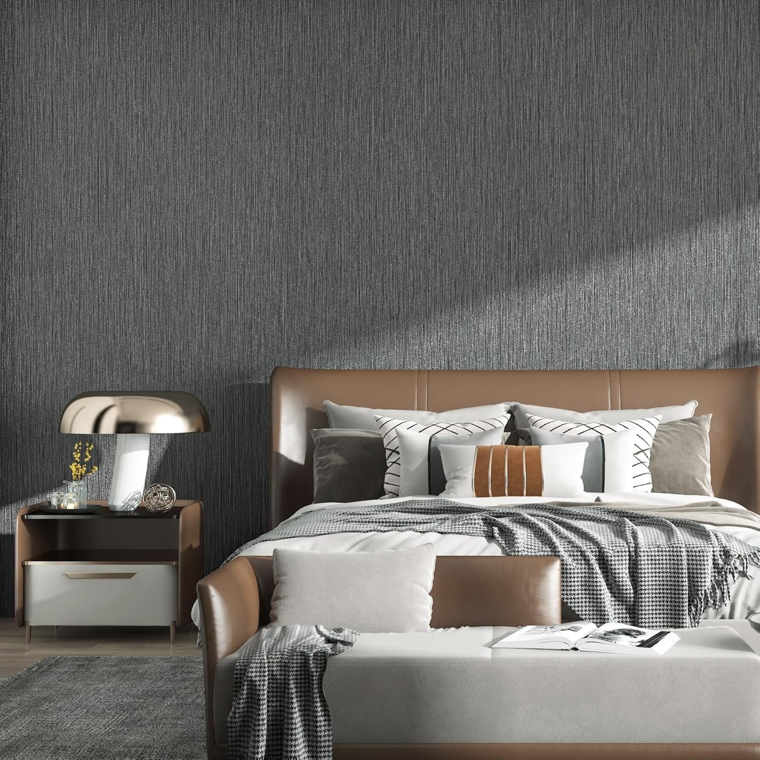 Wallpaper Textured 24in X 393in Fabric Contact Paper Gray Wall Paper Textured Linen Wallpaper Peel and Stick Self-Adhesive Thick Vinyl Embossed Film Wallpaper (Gray)
