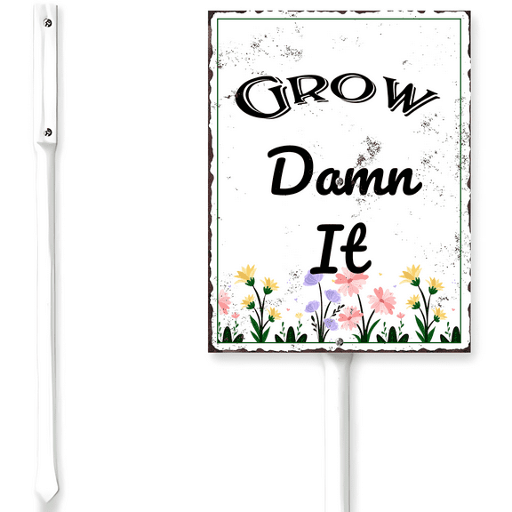 Kurmntregon Garden Sign With Stake Grow Damn It Aluminium Sign 7X8.8Inch Wildflower Sign Garden Art Flower Decor For Yard Porch,Gardening Gifts For Women And 12.8" Stake Kit