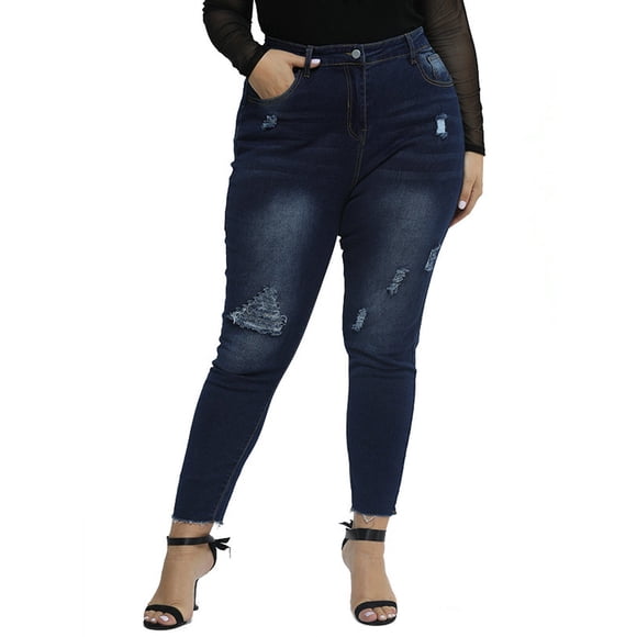 KVMeteor Women's Plus Size Holes Solid Color Skinny Casual Denim Pants