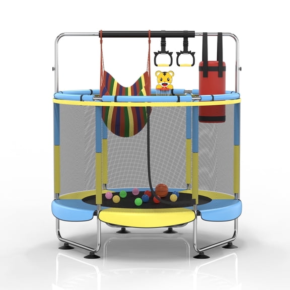 5FT leisure trampoline with adjustable gymnastics pole, indoor and outdoor leisure trampoline with safety fence and gymnastics circle