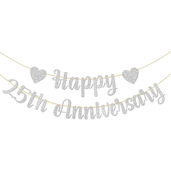 Happy 25th Anniversary Banner, 25th Wedding Anniversary, 25th Birthday,25 Years Loved Party Decorations, Silver Glitter