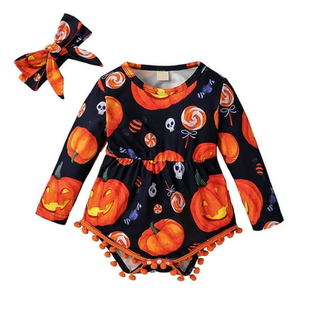 

Cathery Halloween Kid Girls Outfit Long Sleeve Romper Jumpsuit+Print Headband