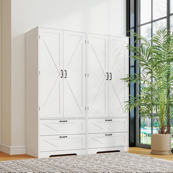 Wood Wardrobe Closet with Shelves and 2 Drawers,Freestanding Armoire Storage Cabinet for Hanging Clothes,Bedroom Wardrobe with Doors