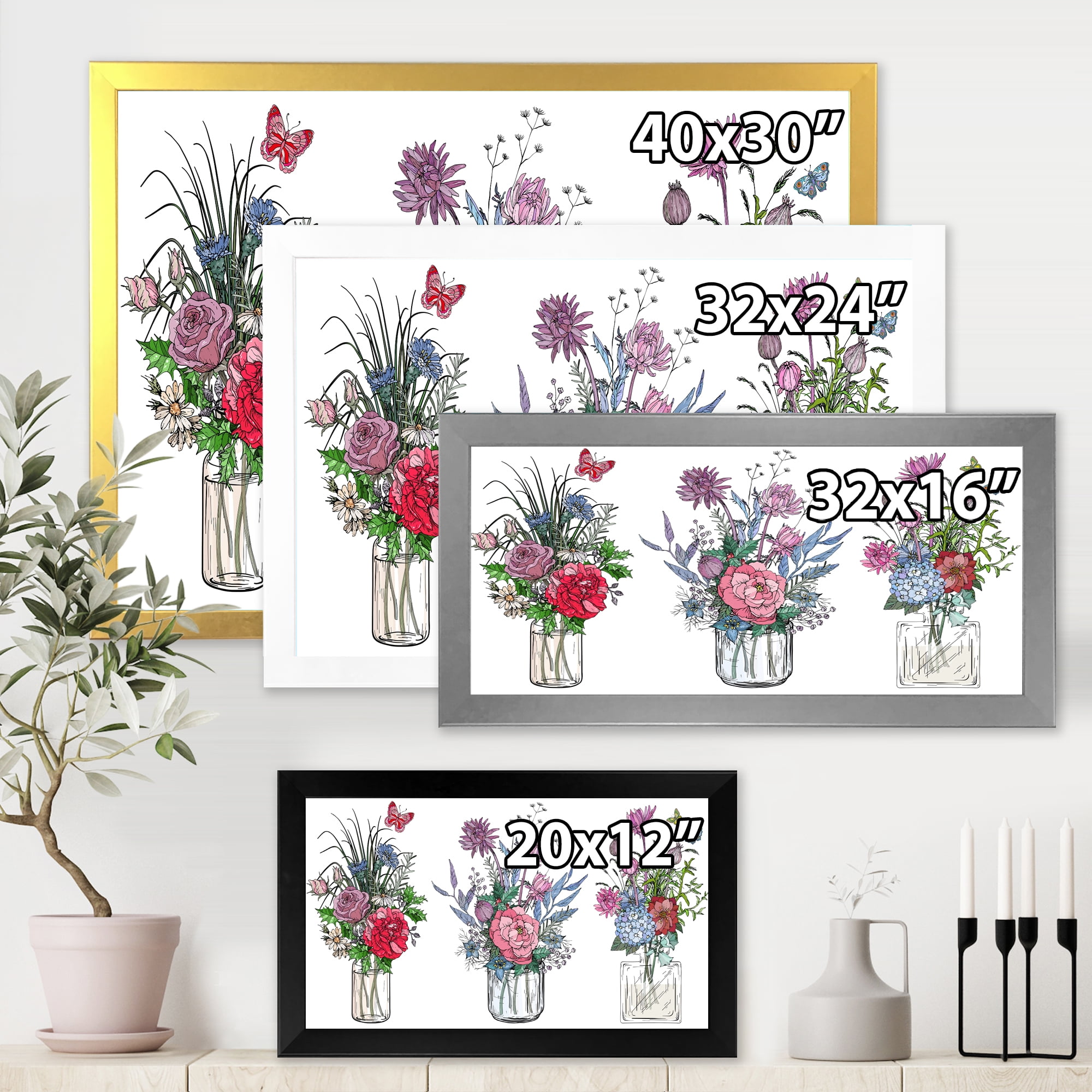 Designart 'Transparent Vases With Bouquets of Wildflowers I' Farmhouse Framed Art Print