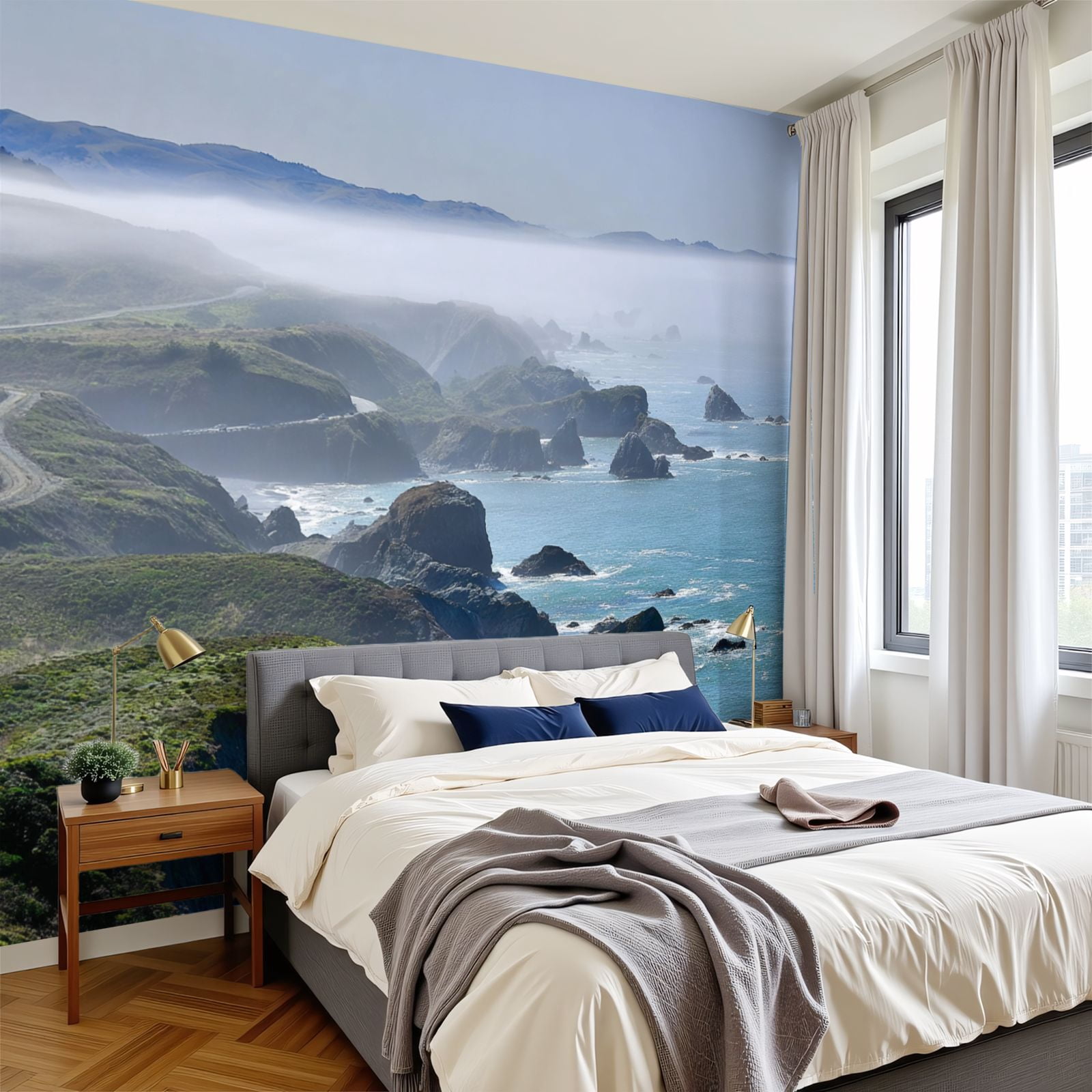 Wallpaper Foggy morning Bay Sonoma County Californias Pacific Peel and Stick Wall Murals 100"H x 144"W Removable PVC Wall Paper Self-Adhesive Wall Paintings Art Decor for Bedroom Living Room