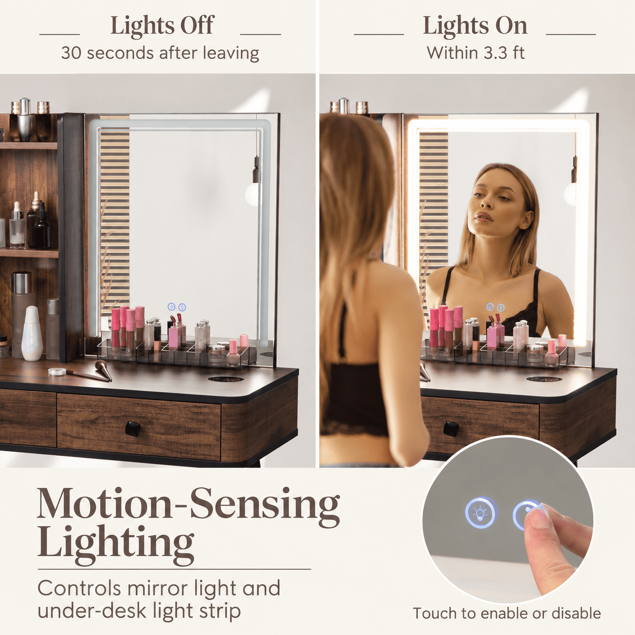Furnibear Vanity Makeup Table Set with Lighted Mirror and Cushioned Stool, Vanity Desk with 3-Drawer Chest and Wireless Charging for Bedroom, Brown