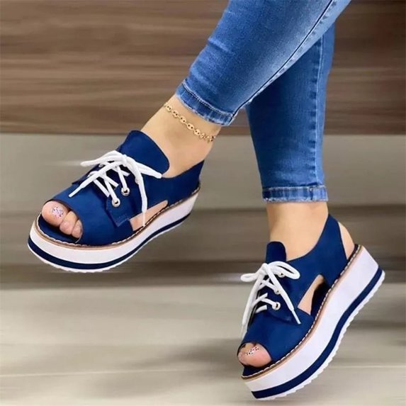 KBODIU Women's Sandals Thick Soled Fish Mouth Lace Up Sandals Summer Casual Shoes Blue 36