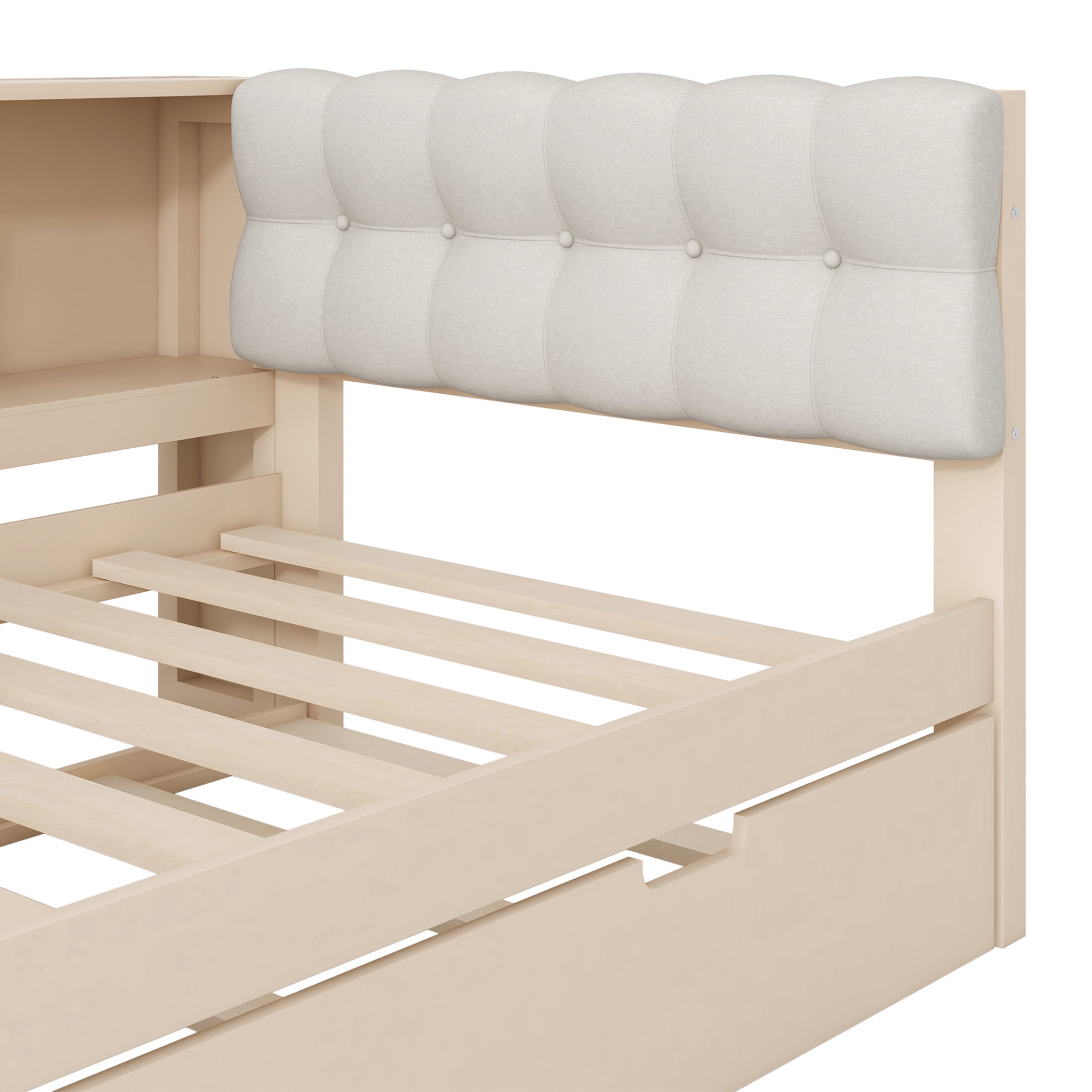 Noble House Twin Wooden Platform Bed, Upholstered Headboard, Storage Shelves, Charging Station and Trundle, Cream