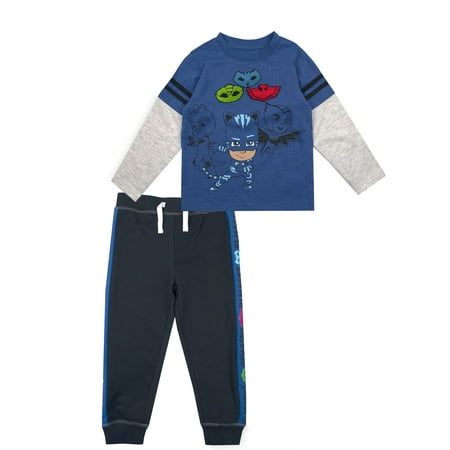 PJ Mask Long Sleeve Graphic Layered T-shirt & Taped French Terry Jogger Pant, 2pc Outfit Set (Toddler