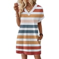 thumbnail image 2 of Women's Striped Print V-Neck Short Sleeve Casual Dress with Pocket, Pullover Summer Dress, Comfortable Loose Fit, Fashionable Ladies Daily Wear,Yellow,S, 2 of 8