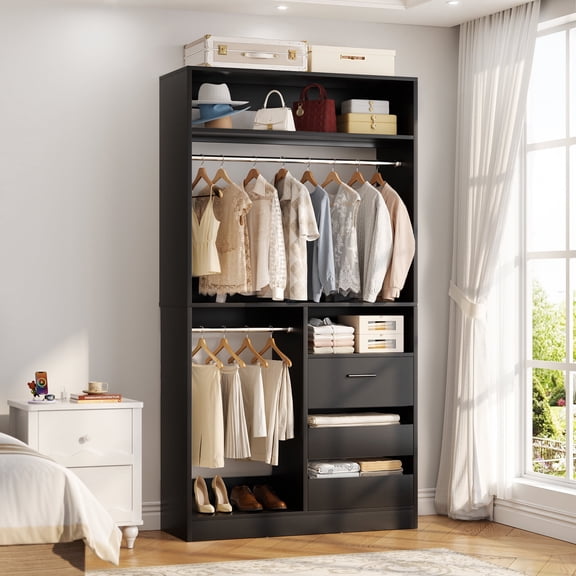 Homieasy 3FT Walk-in Closet System with 3 Drawers, 36'' Floor Standing Wardrobe Closet with 2 Hanging Rods & Storage Shelves, Heavy Duty Closet Tower for Bedroom & Closet, Black