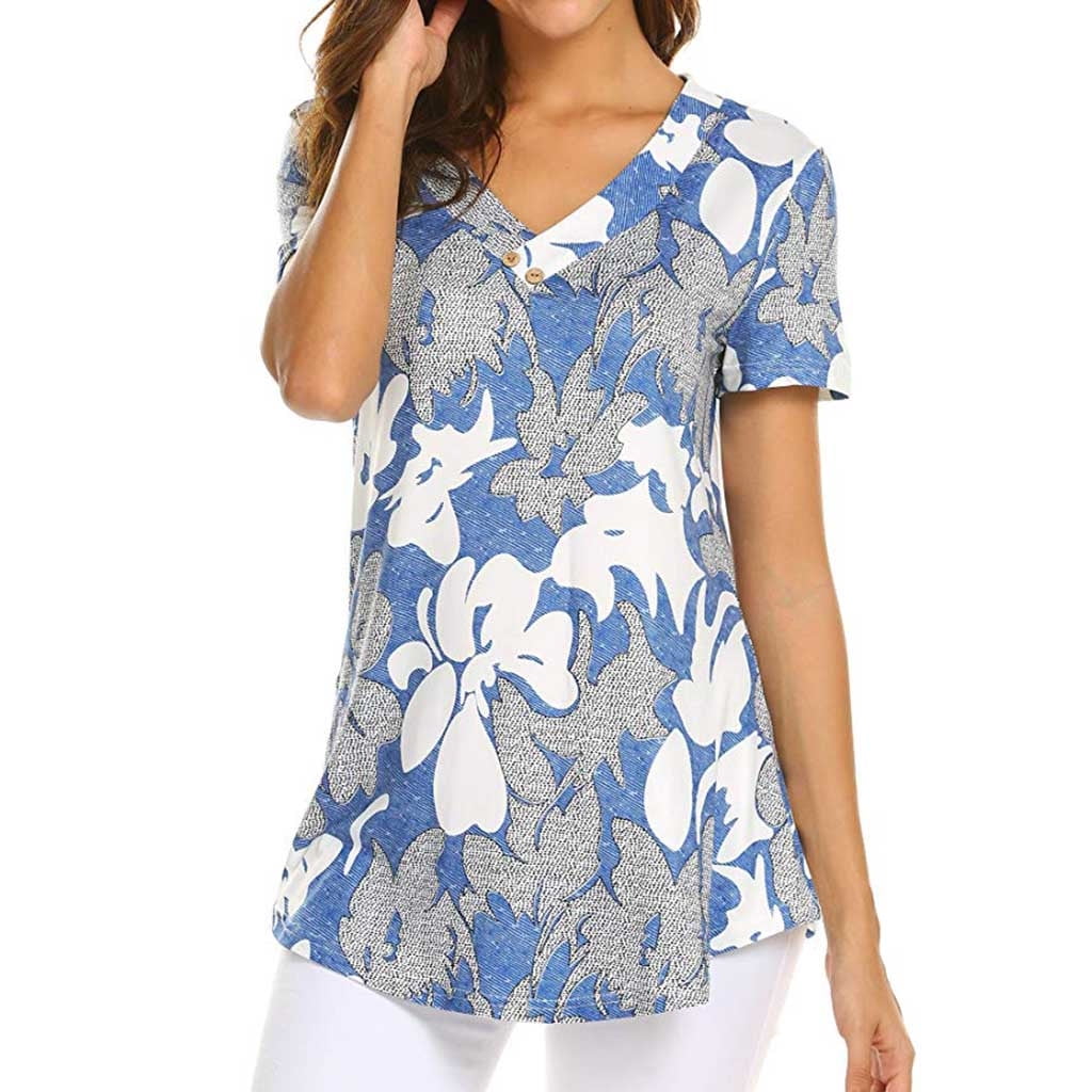 Sweetnight Women Floral Print V Neck Button Decor Peasant Swing Tunic Tops Shirts 
