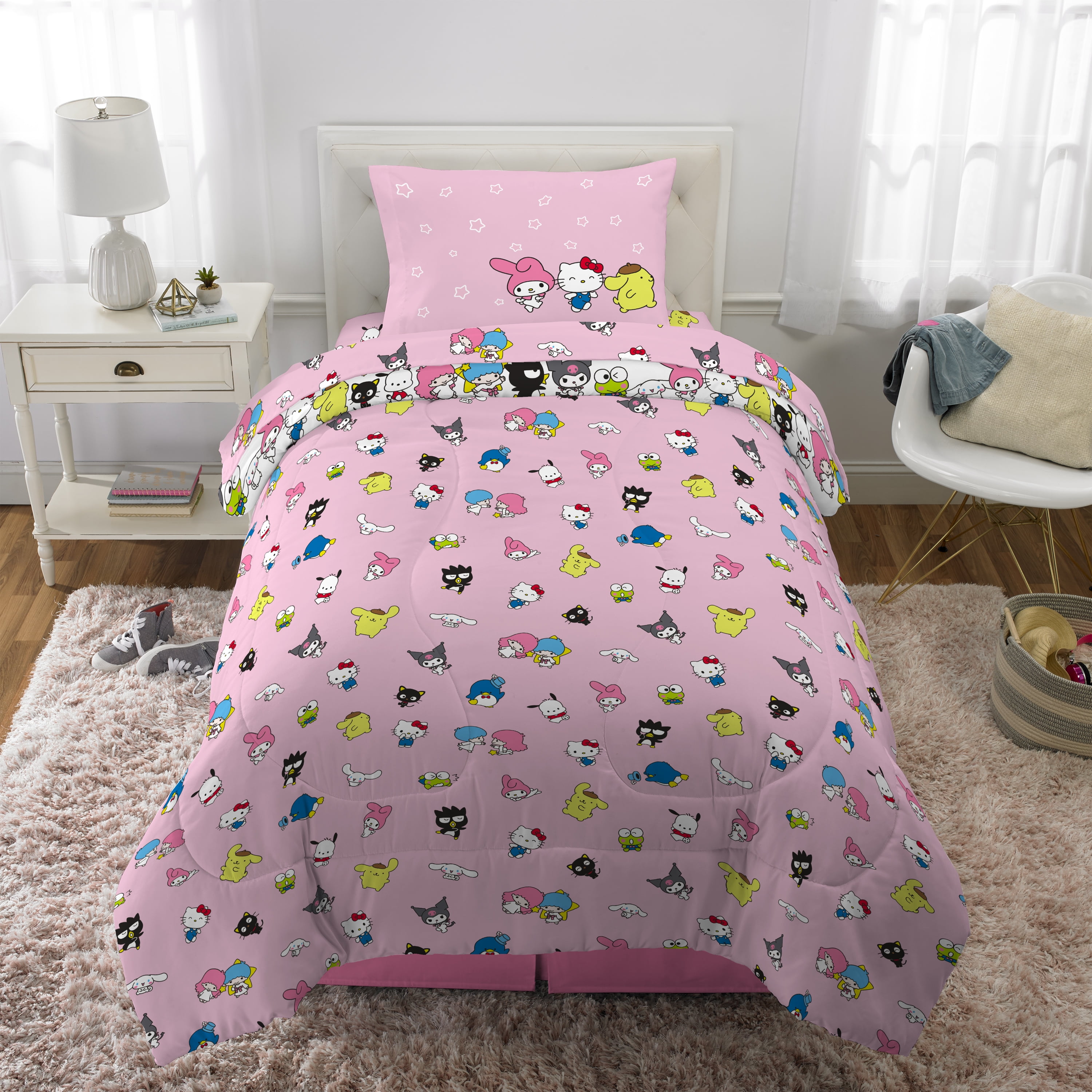 Hello Kitty and Friends Kids 6 Piece Reversible Comforter, Bed in a Bag, Queen