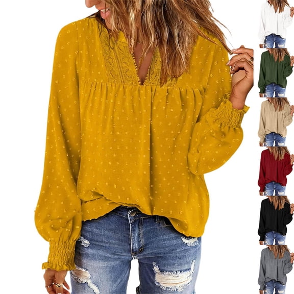 QNANSPI Long Sleeve Shirts for Women, Womens Casual Tops, Women's Solid Color V Neck Long Sleeve Top Lace Patchwork Ruched Sleeve Casual Daily Top