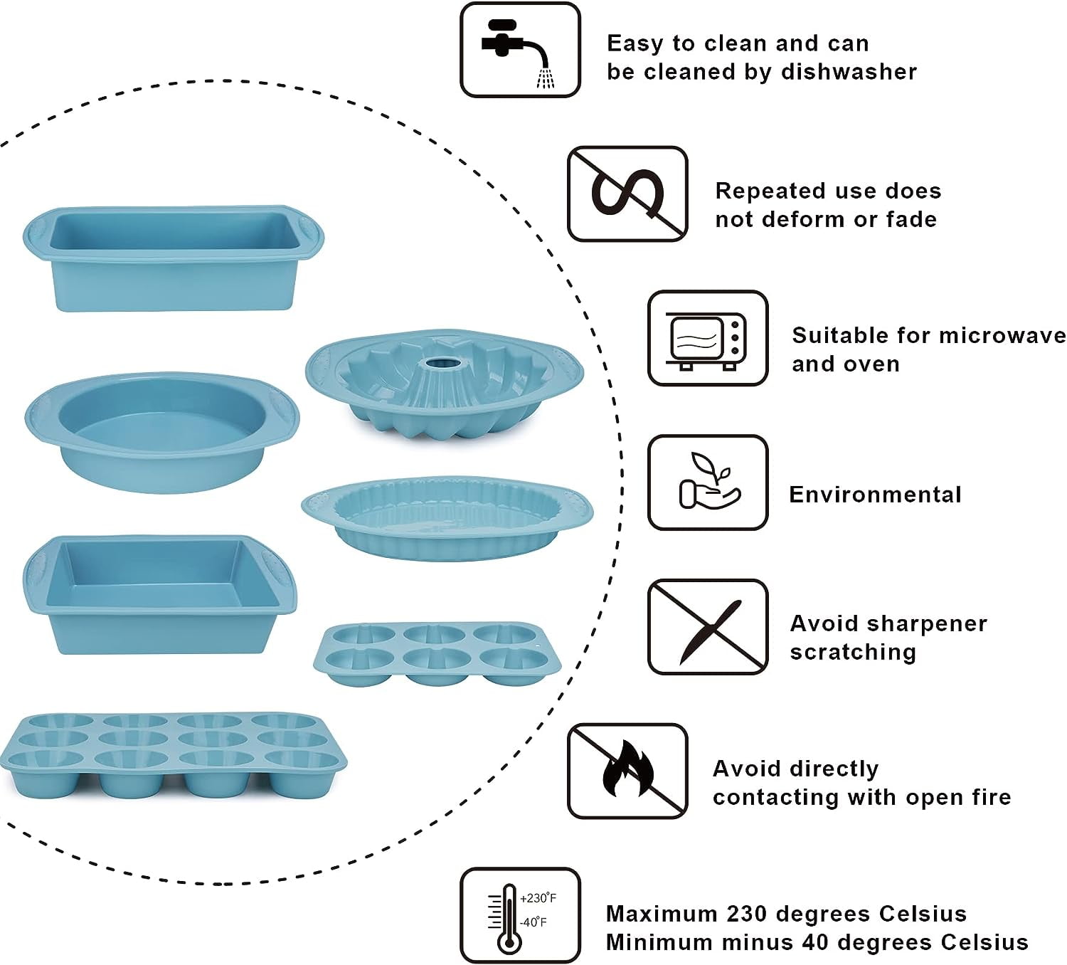 9in1 Nonstick Silicone Baking Fluted Cake Pan Cookie Sheet Molds Tray Heat Resistant Bakeware Tools Kit for Muffin Loaf Bread Pizza CupcakeUtensil