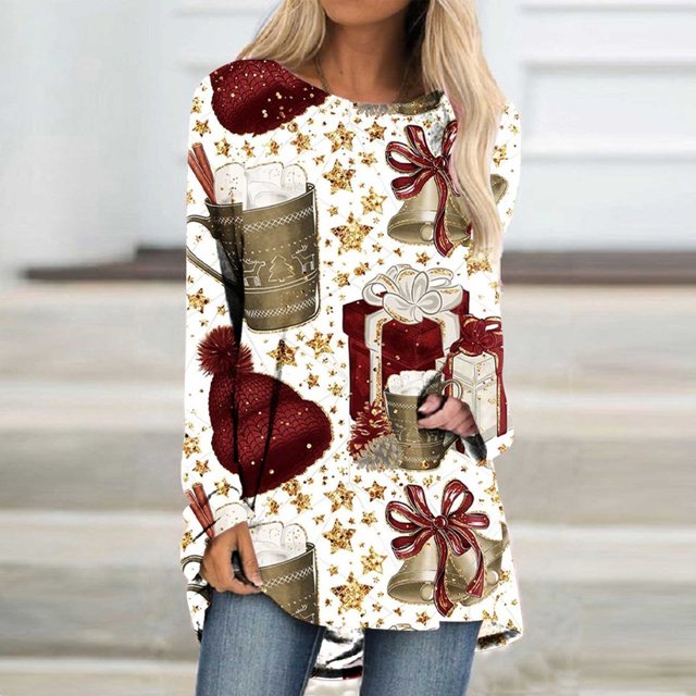 Gosuguu Liquidation Noël Femmes Mode Décontractée Manches Longues Col Rond Hauts Blouse Ample Imprimée Liquidation Soldes Aujourd'hui Prime