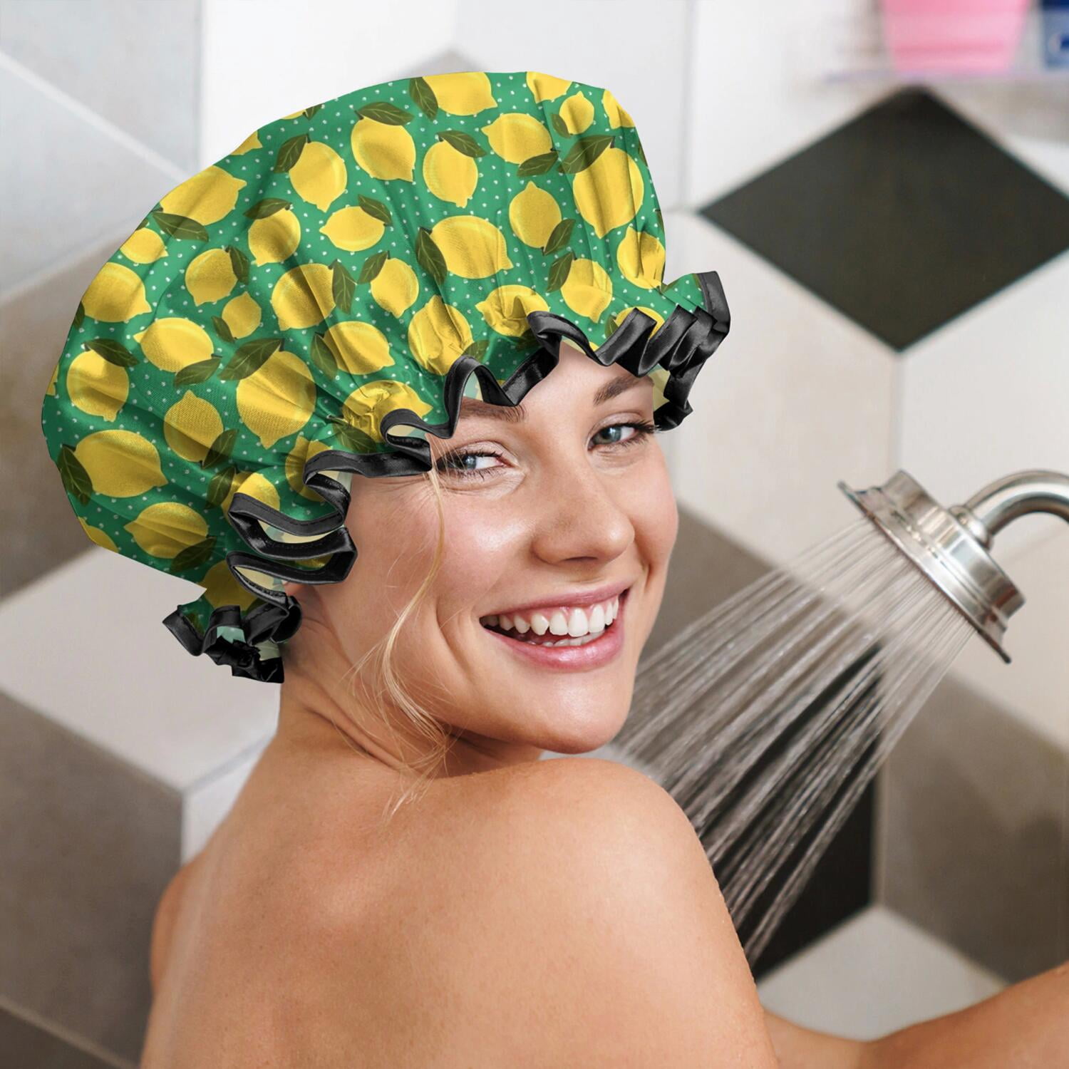 Shower Caps,Yellow Lemon Fruit Dots Green Pattern Waterproof Shower Cap for Women 4 Pieces,Double Reusable Hair Cover for Shower PEVA Elastic Stretch Hem