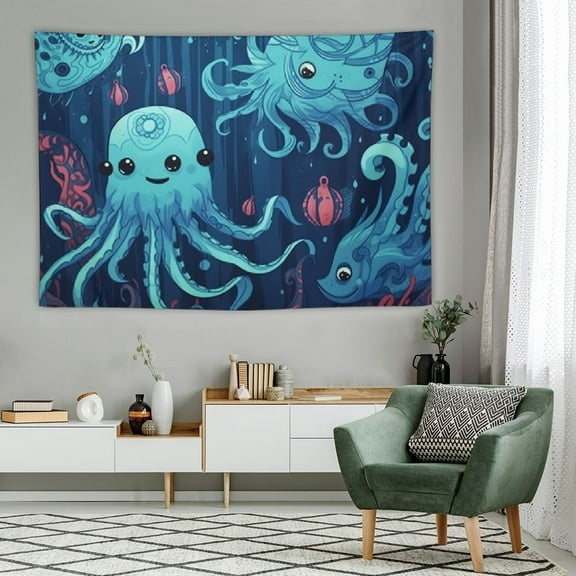 Fenyluxe  Ocean Tapestry, Deep Sealife with Cartoon Style Animals Little Whale Fish Octopus and Moss Print, Wall Hanging Wall Decor, Blue 60x40 Inch 60x40in