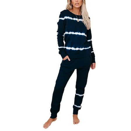 

Voguele Ladies Nightwear Suit Crew Neck Pjs Sleep Pajamas Set Pyjama Sleepwear Outfits Loose Home Clothes Dark Blue XXL