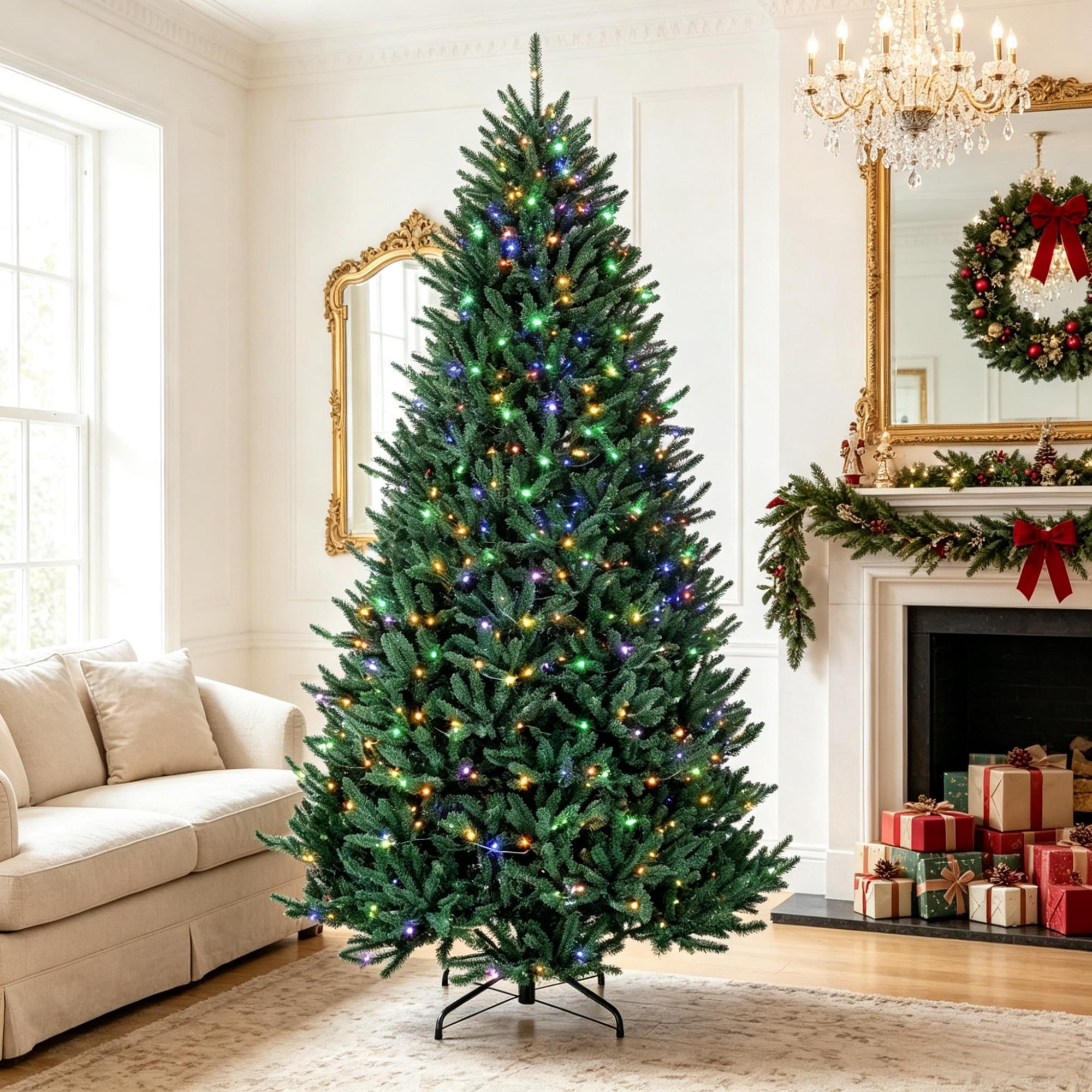 9 ft Pre-Lit Christmas Tree with Dual-Color LED Lights, 880 Lights, 3409 Tips, Hinged PVC Foliage and Metal Stand