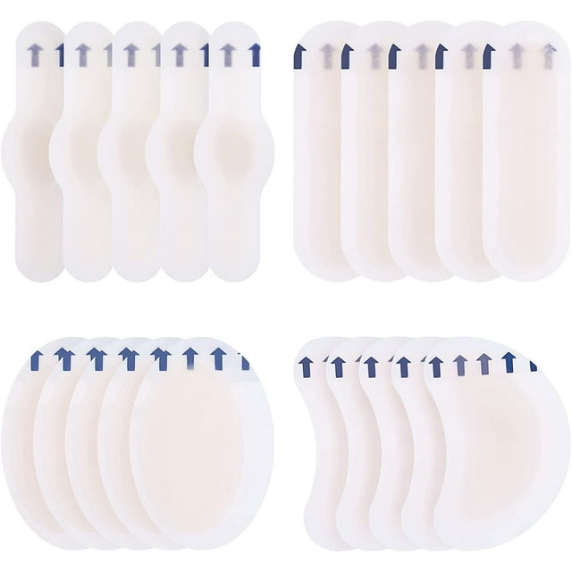 apósitos para ampollas 20 piezas 4 tamaños apósitos de gel hidrocoloide vendajes para prevención y cuidado de ampollas en el pie, dedo y talón set blanco de 20 parches en cuatro formas (oval, media luna, tira, reloj) dispuestos en cuadrantes; gel semitranslúcido con lengüeta adhesiva tipo ala y flecha indicadora, protege y alivia ampollas, callos y rozaduras, resistentes al agua y aptos para uso diurno y nocturno.
