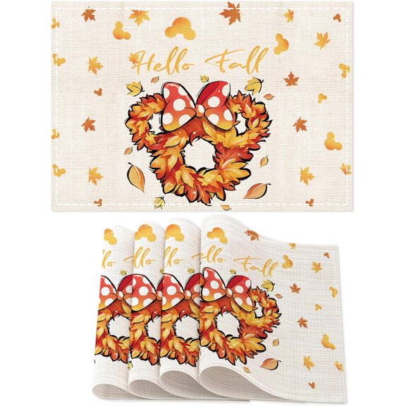 Fall Table Runner 12x18in Linen Hello Fall Cartoon Mouse Autumn Placemats Set of 4 Thanksgiving Farmhouse Tables Runners Seasonal Harvest Table Mats Kitchen Dining Indoor Outdoor Home Party Decor