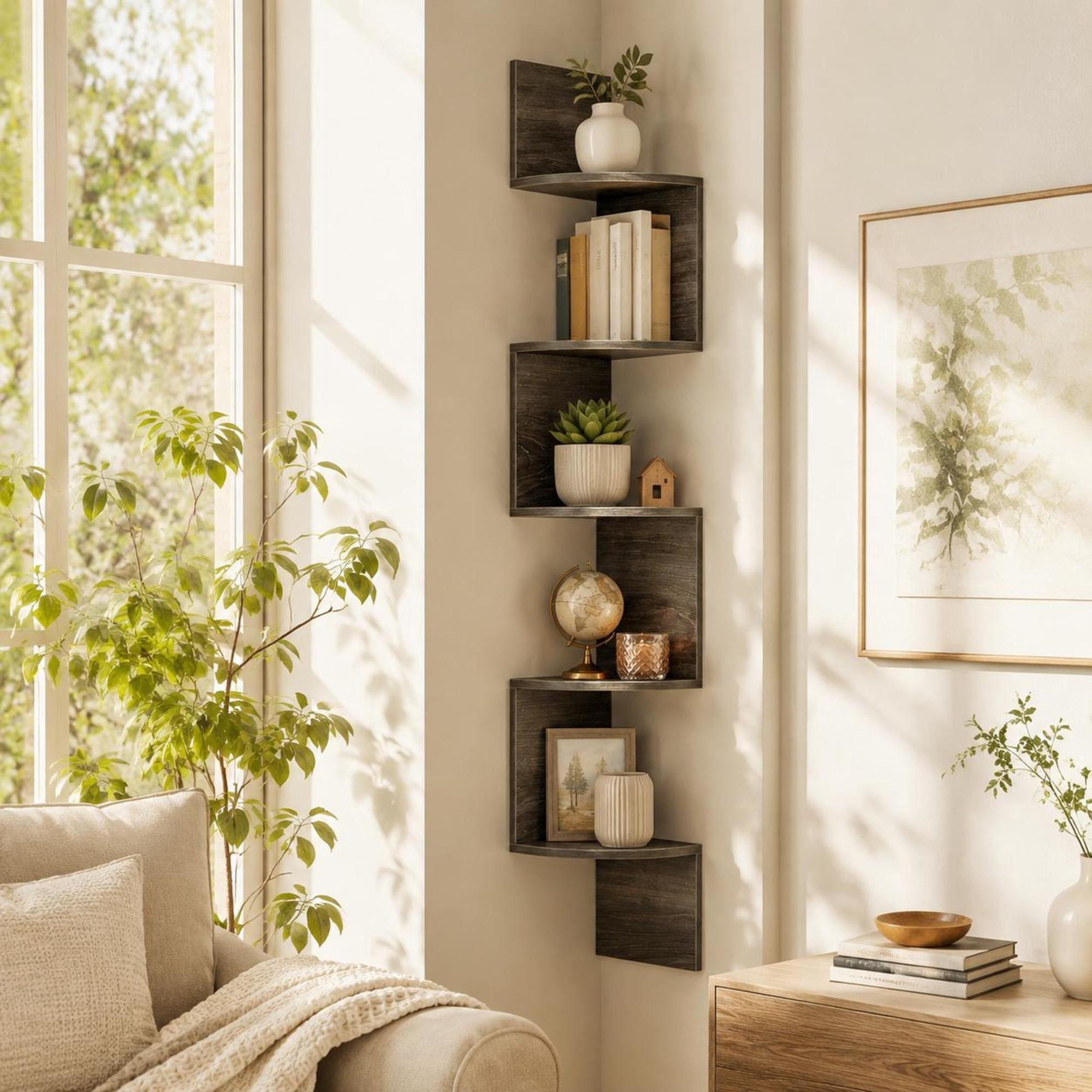 5-Tier Corner Shelf Wall Mounted Floating Bookshelf Oak Storage Organizer