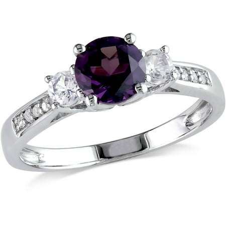 Tangelo 1-1/3 Carat T.G.W. Created Alexandrite, Created White Sapphire and Diamond-Accent 10kt White Gold Three Stone Ring