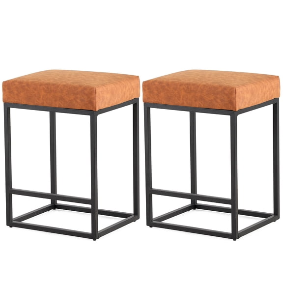 24 inch Bar Stool, PU Faux Leather Bar Stool with Footrest for Home, Kitchen Counter, Bar (Set of 2) - 2201018 Brown