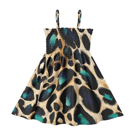 Jewel Green Leopard Print Girls' Casual Dresses 2Y-8Y Sleeveless Ruffle Neck for Summer Daily Wear