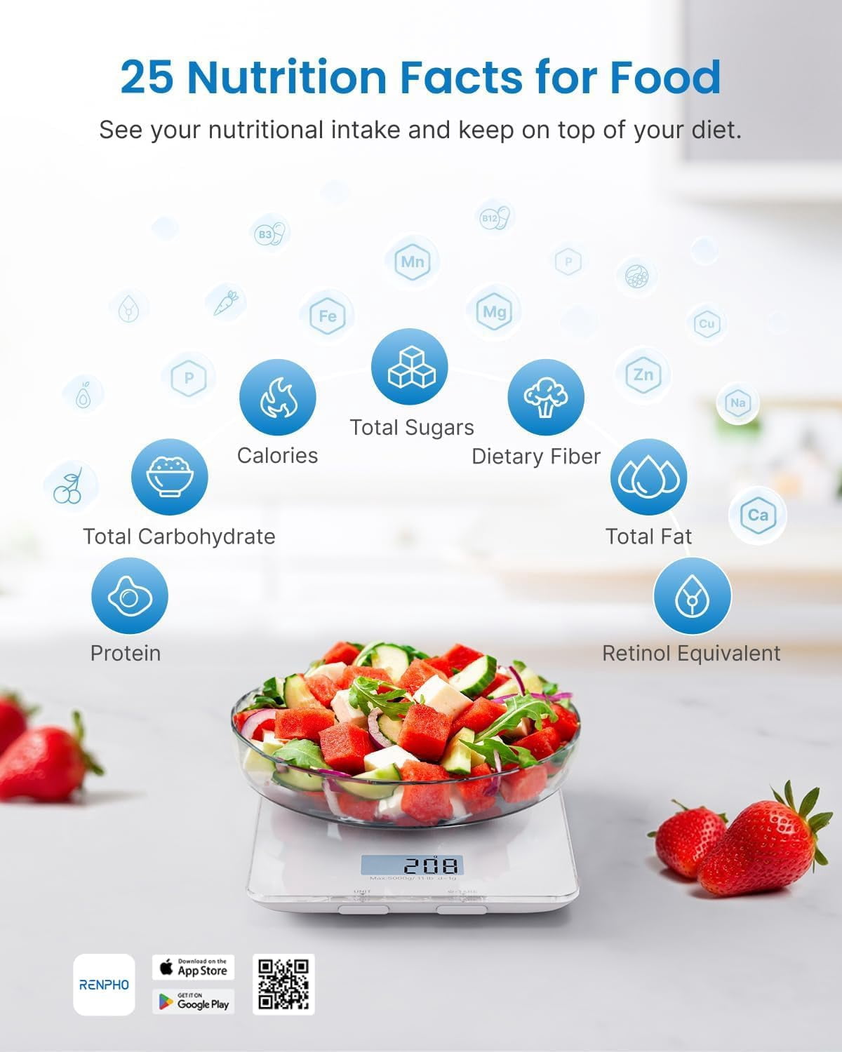 Food Scale with Nutritional Calculator, Digital Kitchen Scale for Weight Loss, Smart Food Weight Scale with App for Macro Keto Calorie Cooking, Grams and Ounces, White, 11lb/5kg