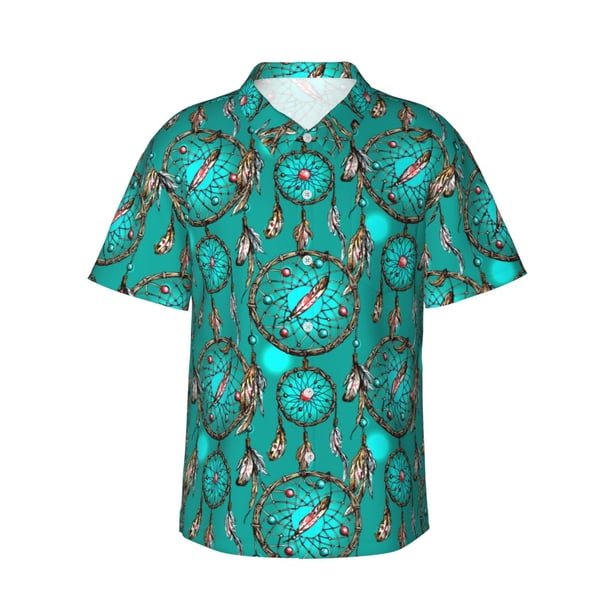 Fotbe Boho Dreamcatcher Camisa Hawaiana para Hombre Unisex – Camisa Casual de Verano con Botones de Manga Corta de Algodón y Lino,3X-Large